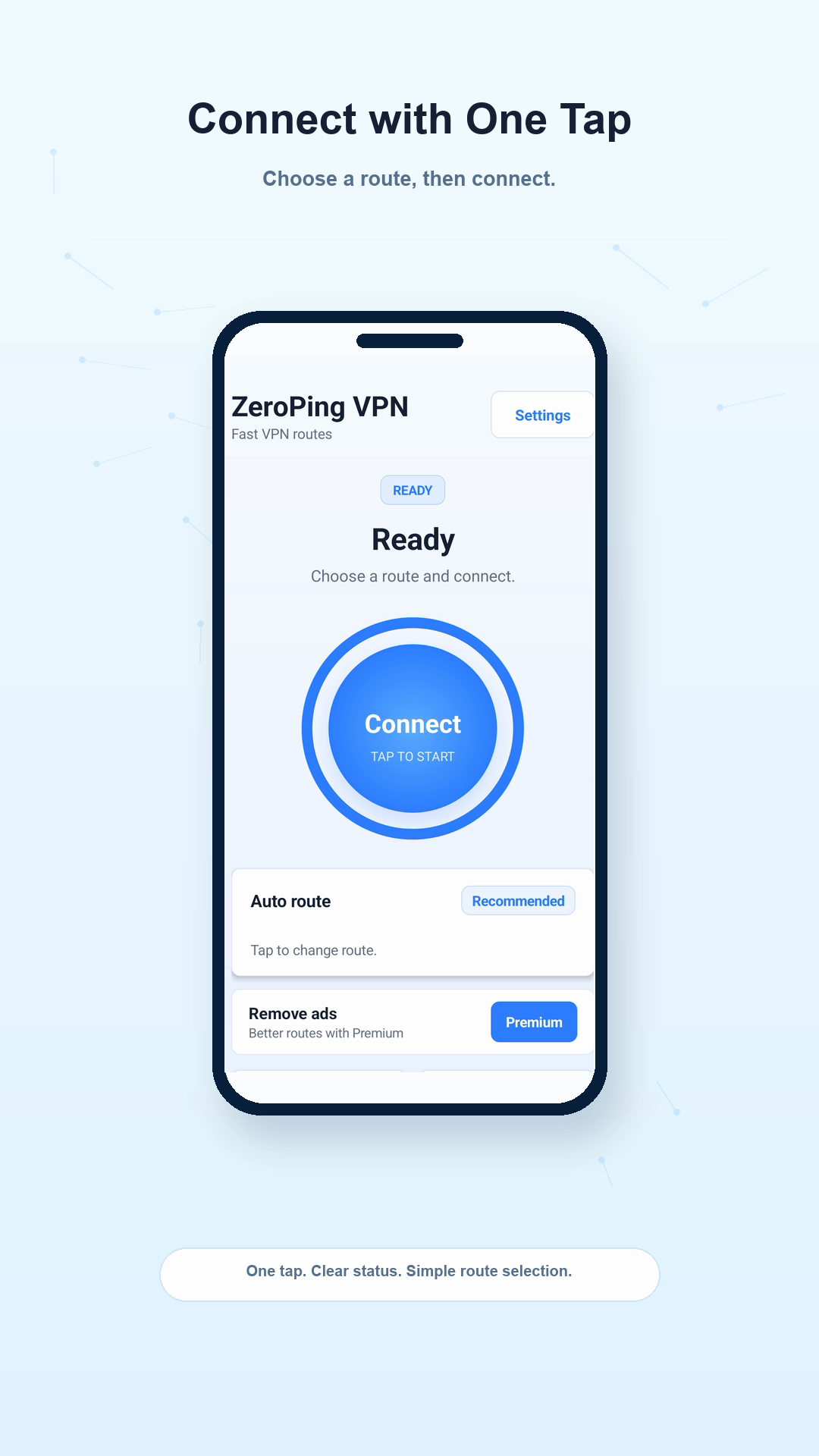 ZeroPing VPN Ready screen with a Connect button