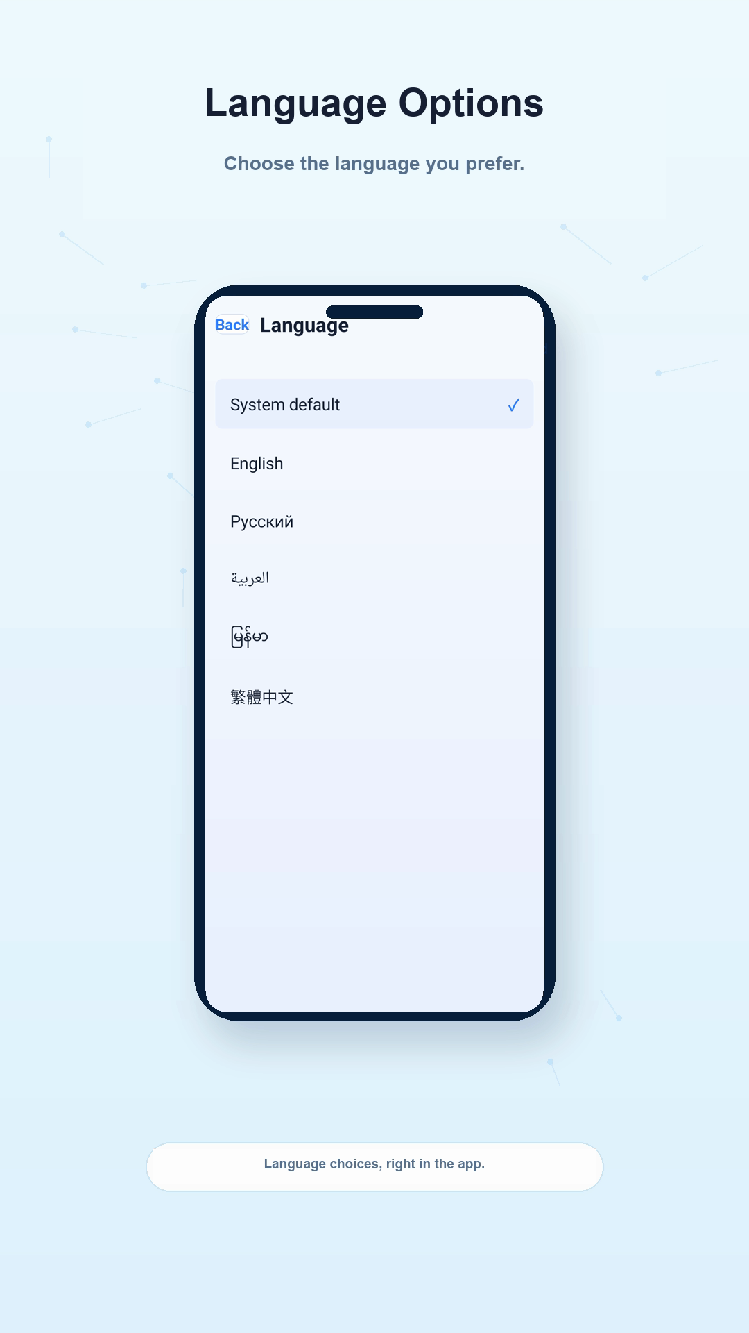 ZeroPing VPN language selection with supported language options