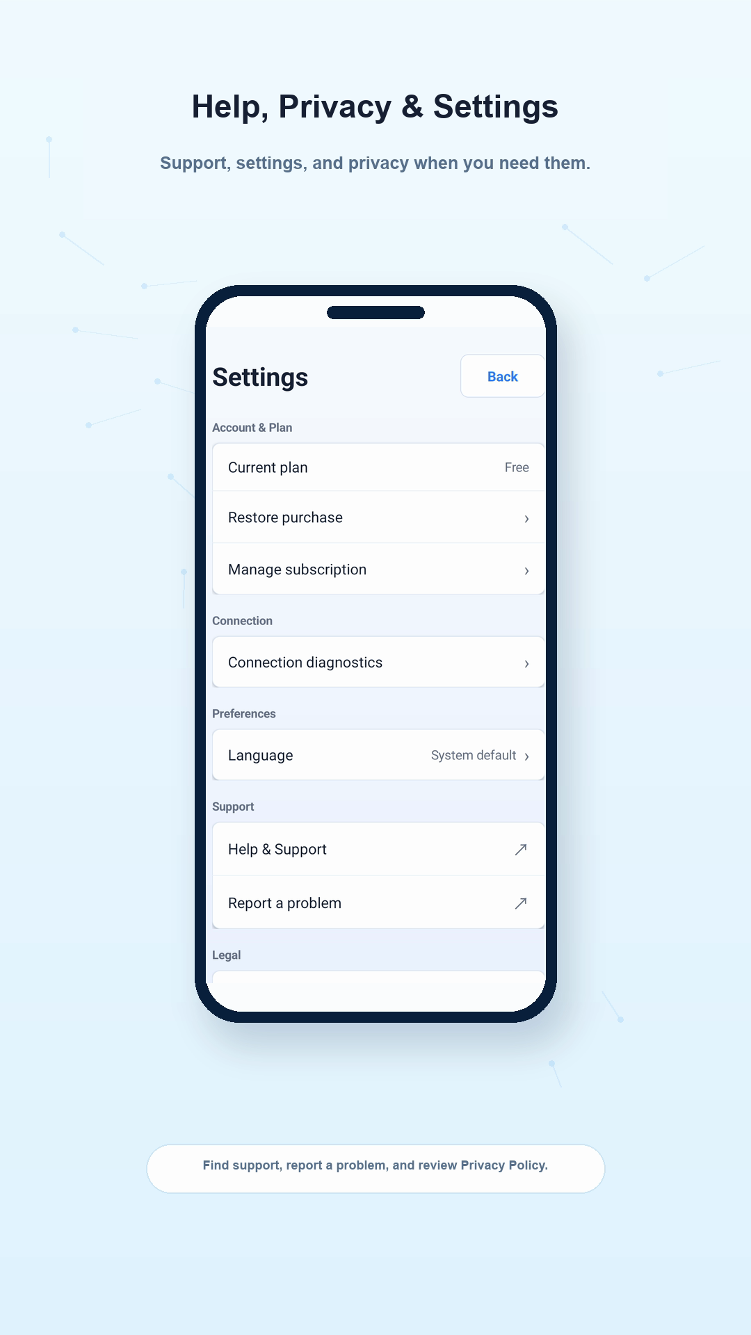ZeroPing VPN settings with support and Privacy Policy